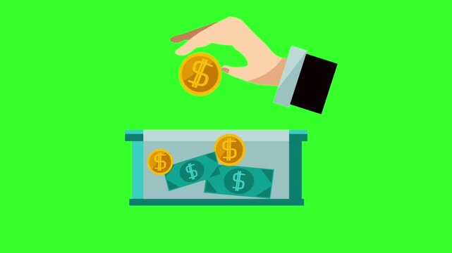 Vector animation of a hand dropping a gold coin into a donation box filled with money on a green screen background