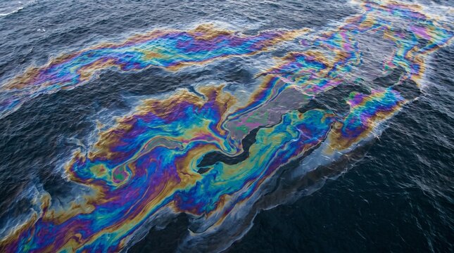 Aerial view oil spill iridescent rainbow sheen on dark ocean water, marine pollution biodiversity threat, oil slick abstract colour aerial photography environmental concept