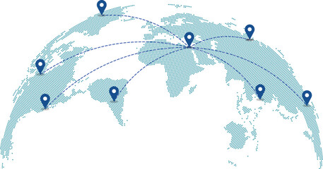 Curved world map with location pins joined by dotted route arcs across the continents, global connection and travel network map vector illustration for infographics and presentation design   © Ibrahim