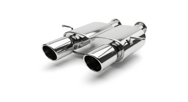 Shiny chrome car exhaust muffler system featuring dual tips isolated on a white background for high performance vehicle tuning parts