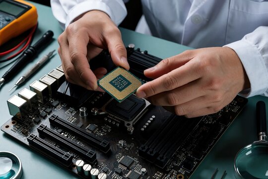 Technician in white lab coat installs CPU chip into motherboard socket. Expert hands perform computer hardware repair, maintenance in electronics workshop. Pro engineer upgrades microchip component