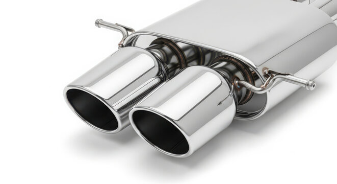 Polished stainless steel dual exhaust muffler system showing shiny chrome metal pipes for high performance racing car engine vehicle parts