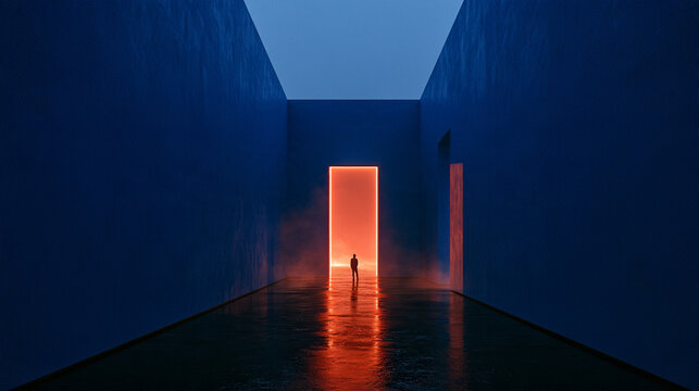 Surreal artwork with man standing before glowing open doorway. Concept of opportunity, life change, courage at turning point, strategic choice, personal growth and business decision making visuals.