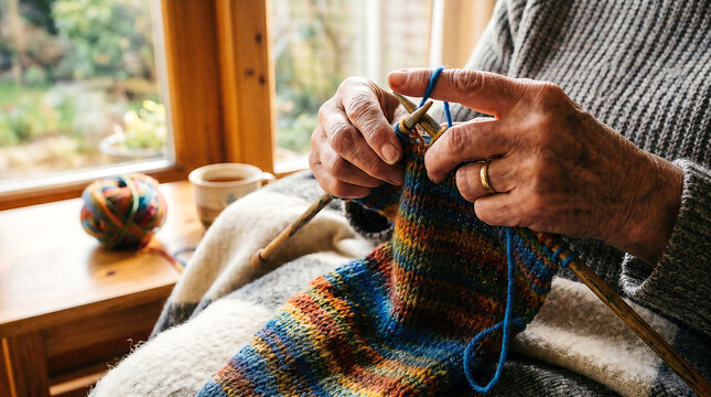 Close Up of Elderly Hands Knitting With Colorful Yarn