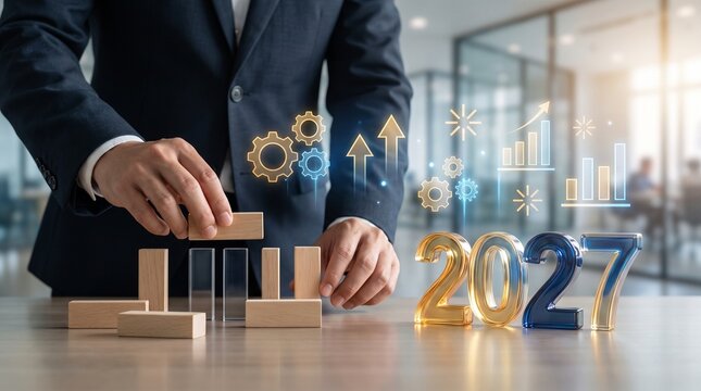 Businessperson Arranging Gold 2027 Numbers on a Modern Office Desk