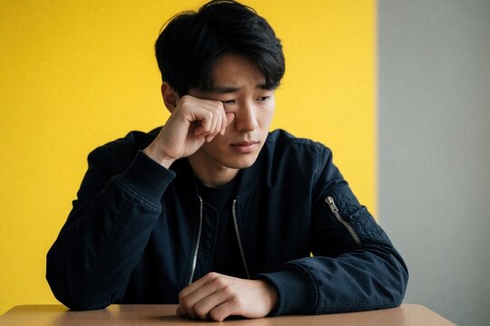 Young Asian male student sits alone at desk, wipes tears from eye. Sad man feels homesick stressed studying. Lonely college student deals with mental health issues, emotional struggle, isolation