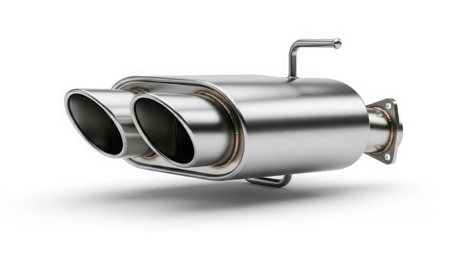 Shiny stainless steel dual exhaust muffler system isolated on a clean white background for high performance automotive engineering design projects