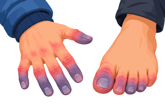 Flat vector showing frostbite on fingers and toes during exposure to cold outdoors in winter