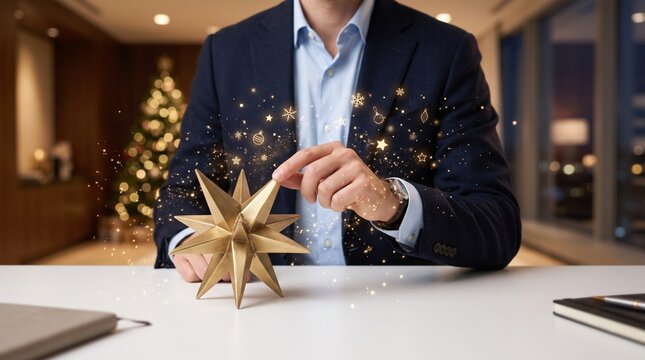 Businessperson Arranging a Gold Star Ornament Near a Christmas Tree