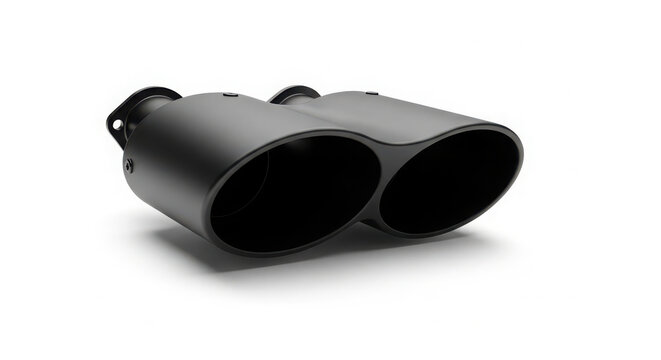 Dual matte black car exhaust pipe tips isolated on white background showing high quality metal construction for automotive performance upgrades