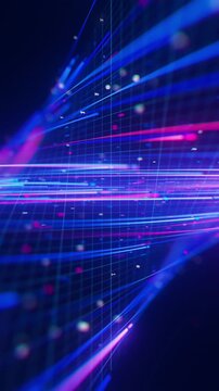 Closeup of warped neon line flow carrying big data at light speed. Digital data stream for quantum computing. Cyberspace of qubit trail waves. Modern technology data transmission. Vertical Video.