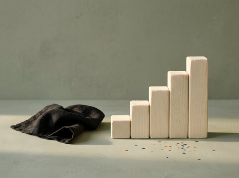 Minimalist wooden blocks arranged as rising bar graph, conceptual business growth and success chart, light wood steps on sage green background