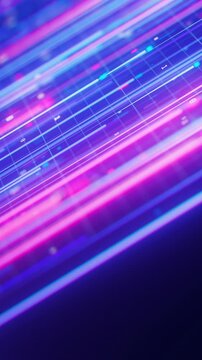 Straight neon line flow carrying big data at light speed. Abstract digital data stream of quantum computing. Cyberspace of qubit trails. Modern technology data transmission. Vertical Video.