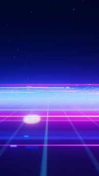 Closeup of neon line flow carrying big data to the right. Abstract digital data stream of quantum computing. Cyberspace of qubit trails. Modern technology data transmission. Vertical Video.