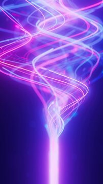 Side view of wavy neon line flow carrying big data. Digital sound data stream for quantum computing. Cyberspace of qubit trail waves. Modern technology data transmission. Vertical Video.