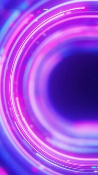 Side view of neon line flow carrying big data through a U-turn. Abstract digital data stream of quantum computing. Cyberspace of qubit trail waves. Modern technology data transmission. Vertical Video.