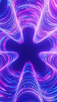 Neon line flow carrying big data through a warped tunnel. Abstract digital data stream of quantum computing. Cyberspace of qubit trail waves. Modern technology data transmission. Vertical Video.