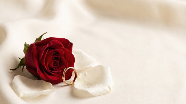 A single dark red rose bloom resting beside a gold wedding ring upon white fabric for a romantic Christmas holiday celebration