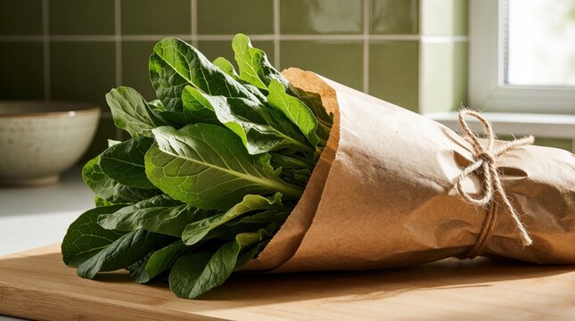 Fresh green leafy vegetables wrapped in brown paper tied with string on wooden board. Raw organic salad greens bundle sits in kitchen near green tile wall. Healthy farm produce ingredients ready for