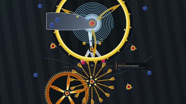 Detailed 2D animation explaining the mechanics of a Swiss lever escapement featuring balance wheel, hairspring, synthetic ruby pallets, and escape wheel interactions in horology