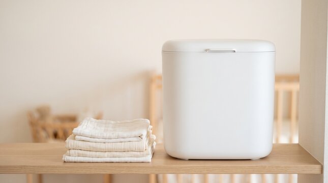 子ども部屋の棚に置いた白い哺乳瓶消毒乾燥機とガーゼ　目線の高さで片側に寄せた構図・昼間のフラットな明るい光
