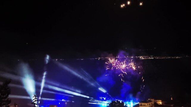 Fireworks and Historical Naval Battle Reenactment at Nafpaktos Harbor, Greece at Night
