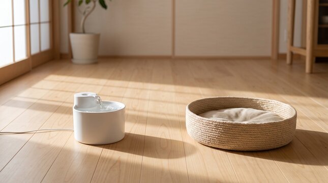 編みかごのペットベッドの横に置いた白い自動給水器　周囲まで入れた引き・朝の長い影が伸びる光