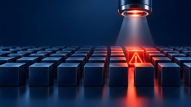 Spotlight illuminates a glowing red cube with an exclamation mark, standing out from many dark blocks, symbolizing a critical system error.