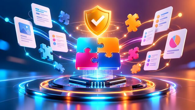Secure digital data integration concept featuring interlocking puzzle pieces, floating document icons, and a protective shield on a futuristic platform.