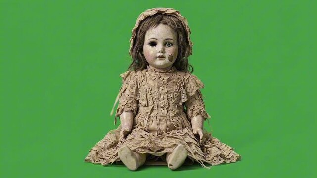An antique porcelain doll with vacant eyes and tattered clothing sits eerily against a green backdrop. Its weathered appearance suggests a haunting past
