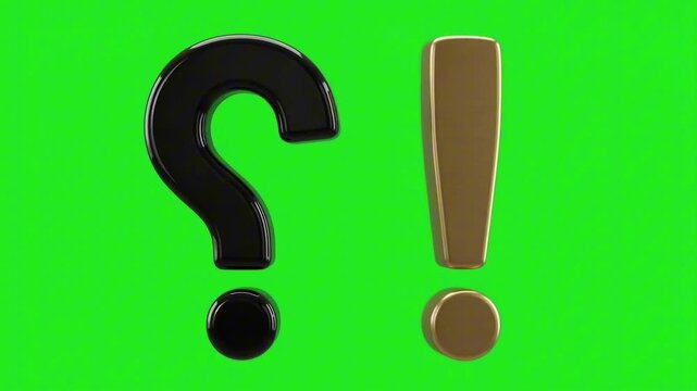 A large black question mark and a golden exclamation mark side by side, isolated on a bright green background