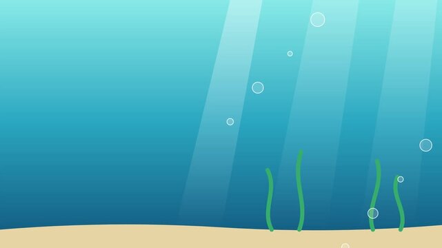 Underwater ocean scene with green seaweed rising bubbles and sunlight beams in deep blue water
