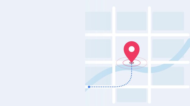 Red location pin marker on a simple city map with a blue path line showing navigation route