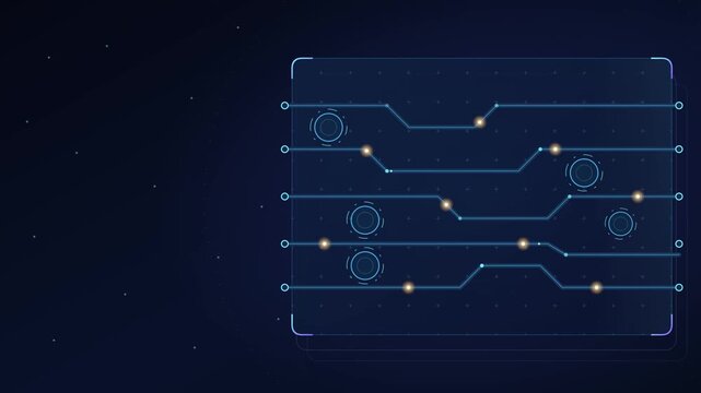 Digital circuit board interface with glowing nodes on a dark blue background