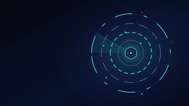 Blue digital radar interface with glowing circular lines and hexagon shape on dark background