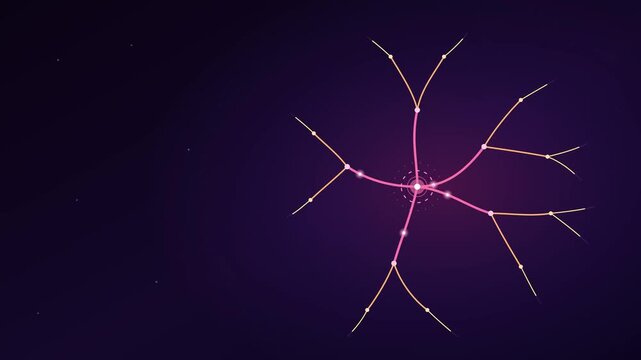 Abstract glowing neural network connection with bright pink light nodes in deep purple space