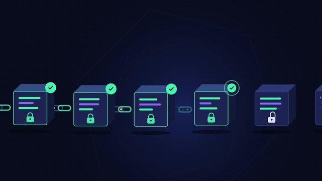 Animated blockchain network concept showing linked secure blocks with padlocks
