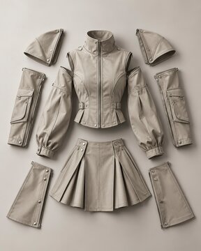 Adaptable modular garment display with detachable sleeves and panels arranged beside the main piece in a minimal neutral studio