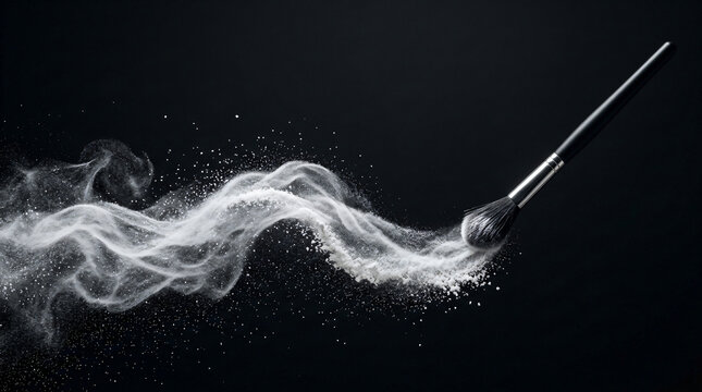Sleek thin makeup brush tool creating smooth flowing wave cloud stream white loose powder dust particles plain black background canvas backdrop layout typography free beauty cosmetic design asset