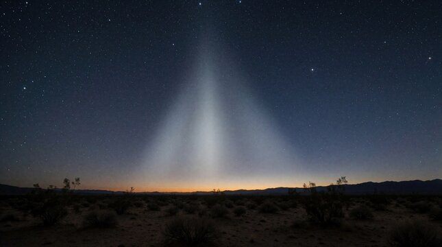 Zodiacal light pyramid shines in dark night sky above desert landscape. Faint glow of interplanetary dust appears after sunset over mountain horizon. Milky Way stars, celestial phenomenon create