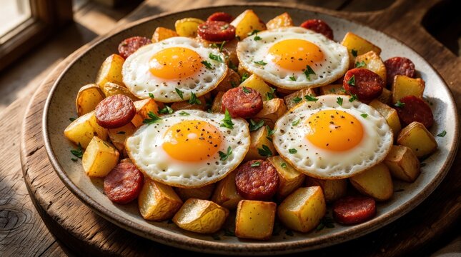 Spanish huevos rotos dish with fried eggs, crispy potatoes, spicy chorizo sausage on rustic wooden board. Traditional tapas meal served on ceramic plate for breakfast, lunch dinner. Tasty homemade