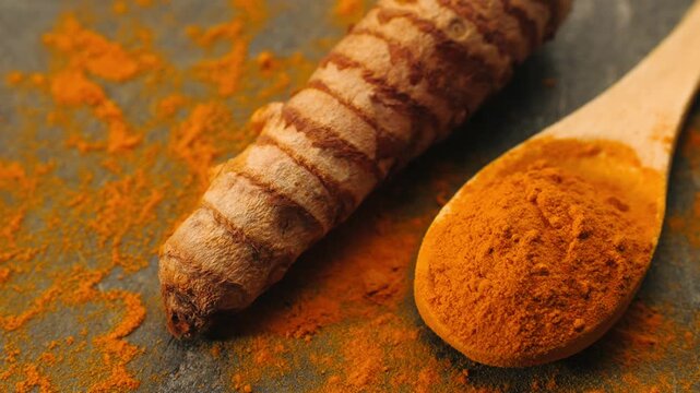 Turmeric root and turmeric powder close up, fresh curcuma rhizome with ground yellow spice and wooden spoon, indian ayurveda superfood ingredient