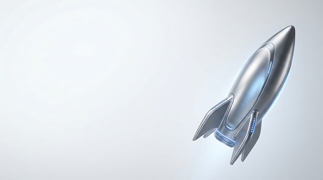 A sleek silver rocket soars through a light gray sky with a subtle gradient effect