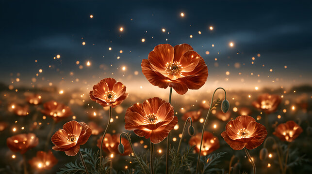 A vast field of red poppies at dusk; each flower releases a tiny ember of warm light that rises slowly, a respectful tribute to November 11th, Remembrance Day.