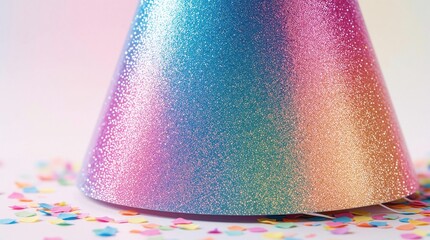 Naklejka premium Colorful glittery party hat sits on surface with scattered confetti. Shiny cone cap features rainbow holographic colors. Festive decoration for birthday celebration, anniversary holiday event. Bright