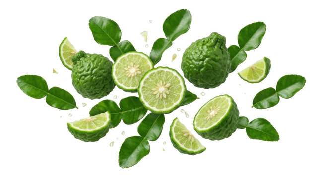 Fresh bergamot or kaffir lime fruits, slices, wedges and leaves isolated on white
