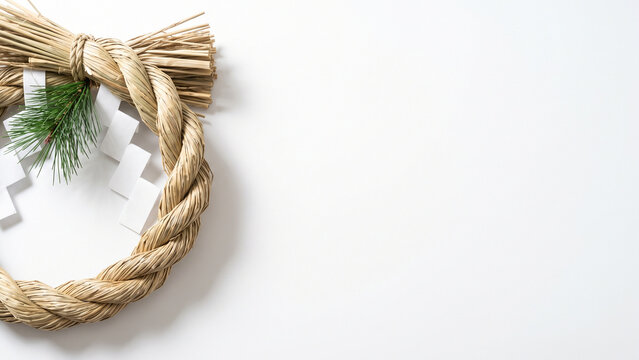 Traditional Japanese Shimenawa Straw Rope New Year Decoration with Pine and Shide on White Background