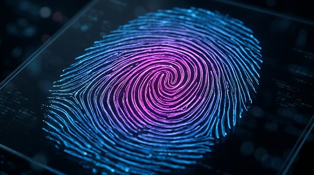 Glowing digital fingerprint with blue and pink light
