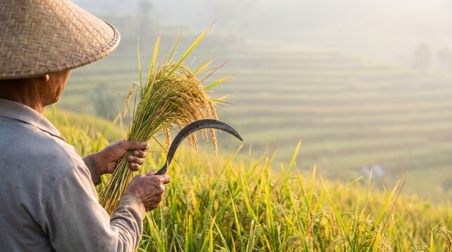 Farmer Harvesting Golden Rice Stalks with a Sickle in an Indonesian Rice Field