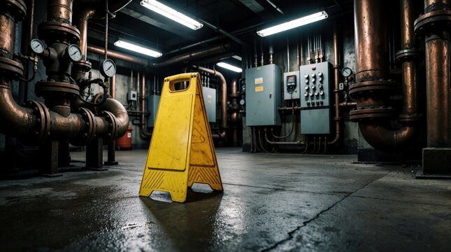 Yellow caution sign stands on wet concrete floor in dark industrial warehouse. Warning triangle alerts workers about slippery surface hazards. Large copper pipes, electric control panels line walls
